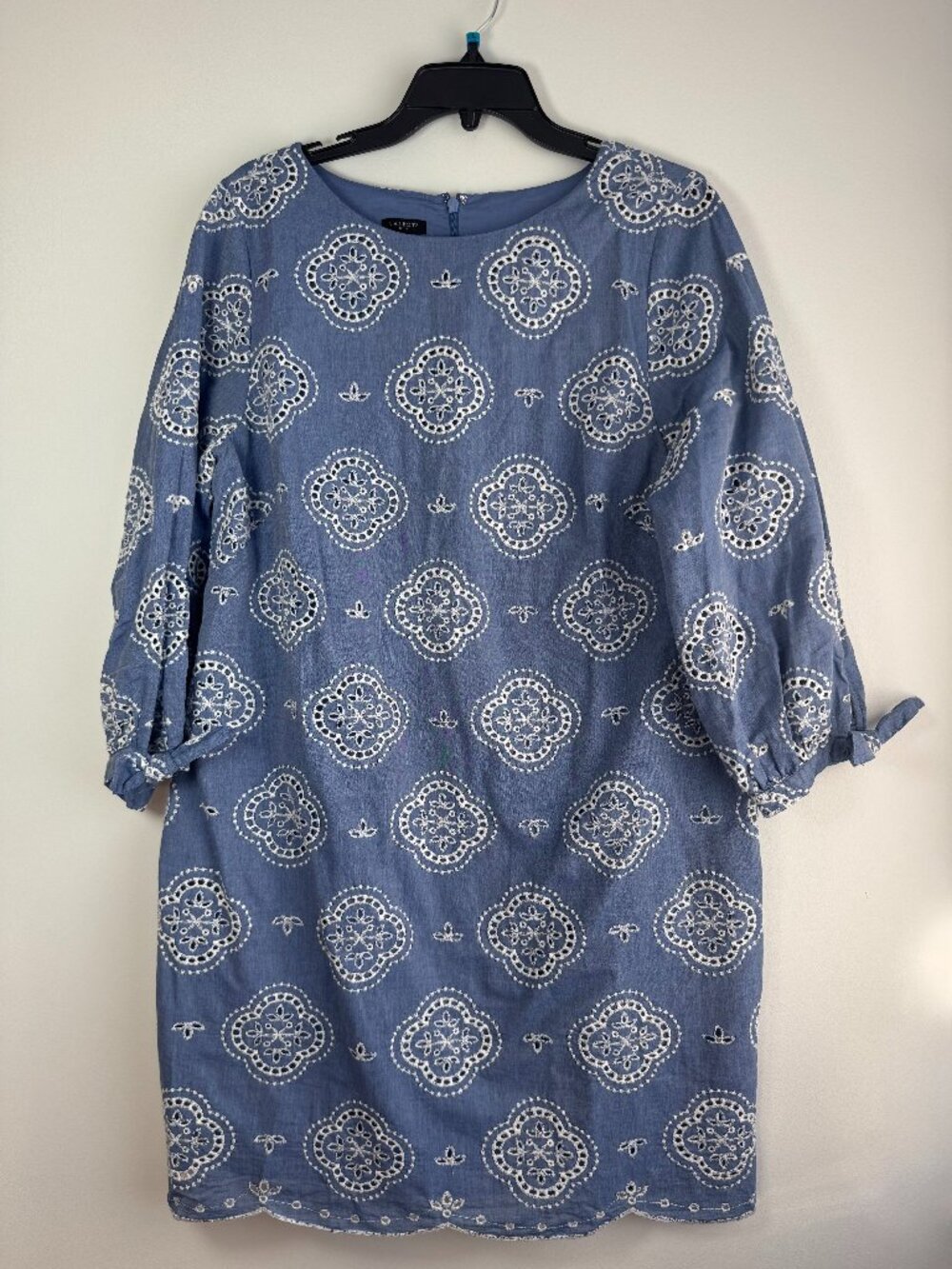 Talbots Blue Chambray White Embroidered Lined Long Sleeve Shift Dress - 16P